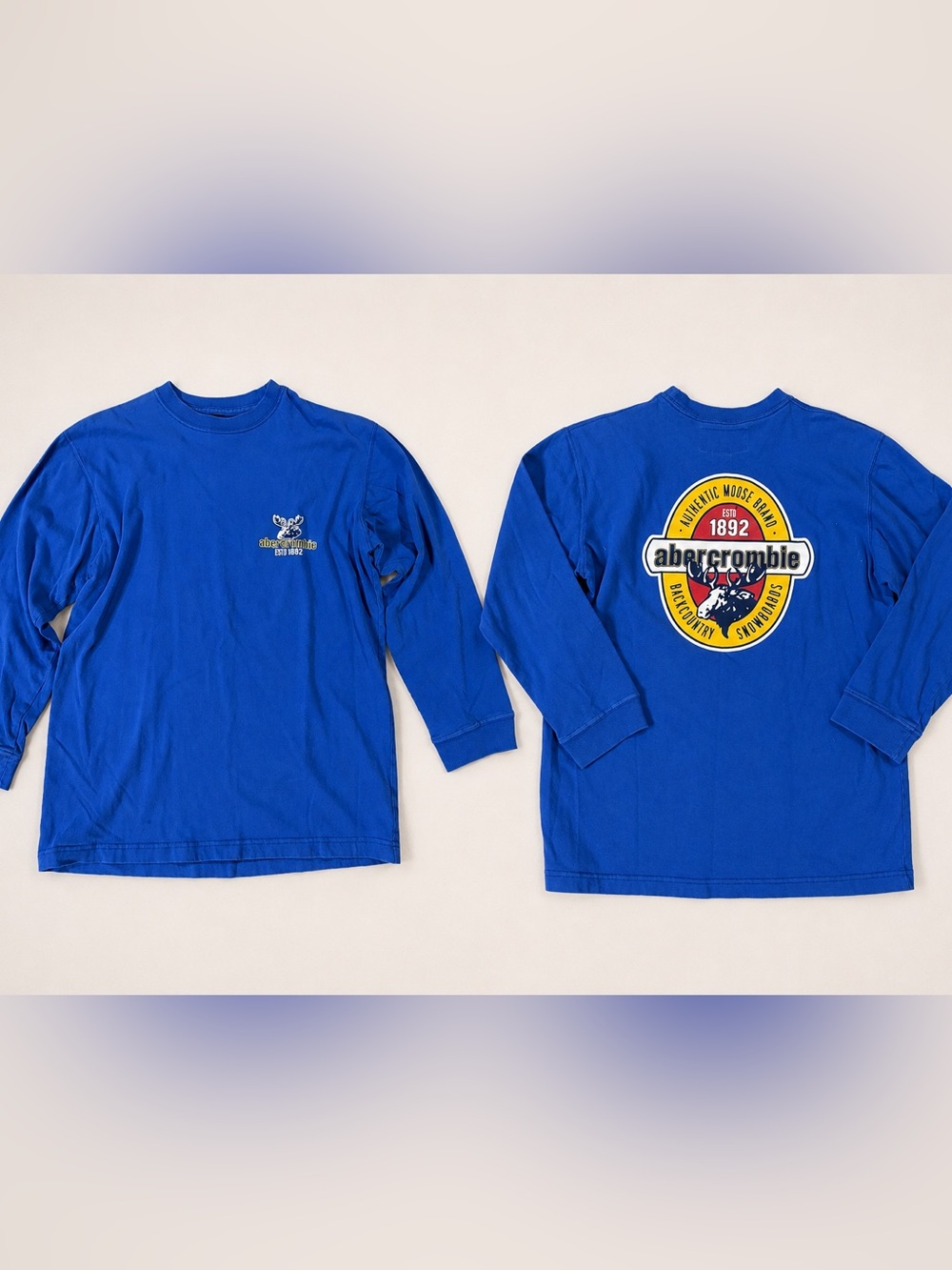 Vintage Abercrombie Kids Youth Large Blue Long Sleeve Graphic Moose T-Shirt Y2K